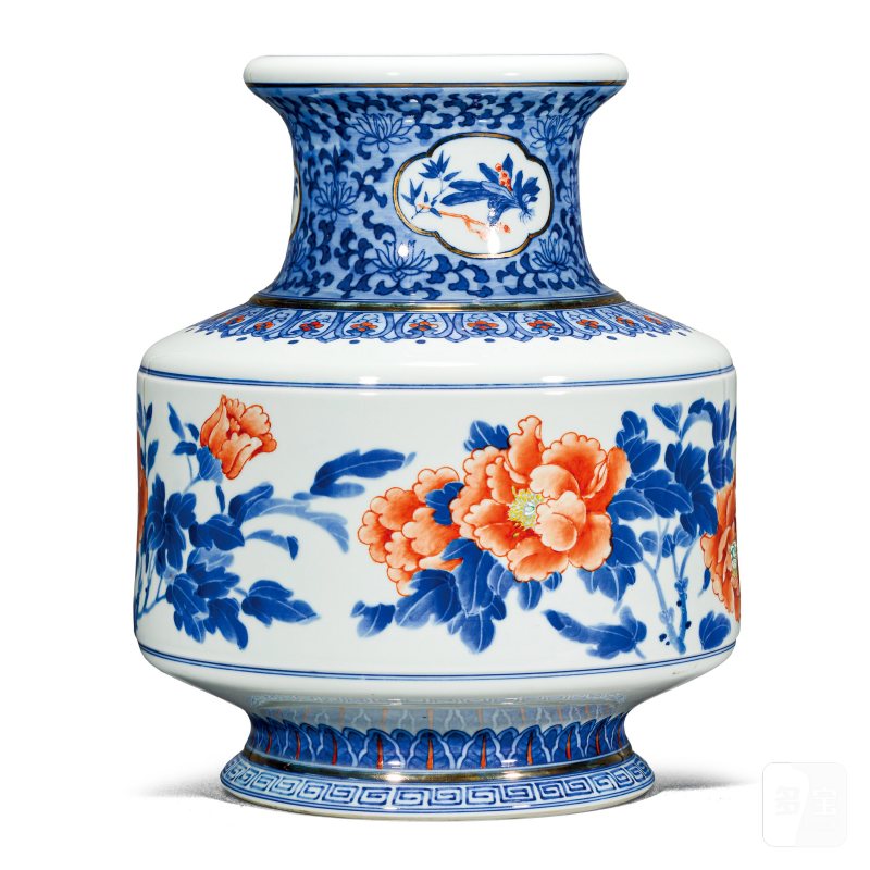 近现代 嵇锡贵青花斗彩牡丹纹马蹄尊